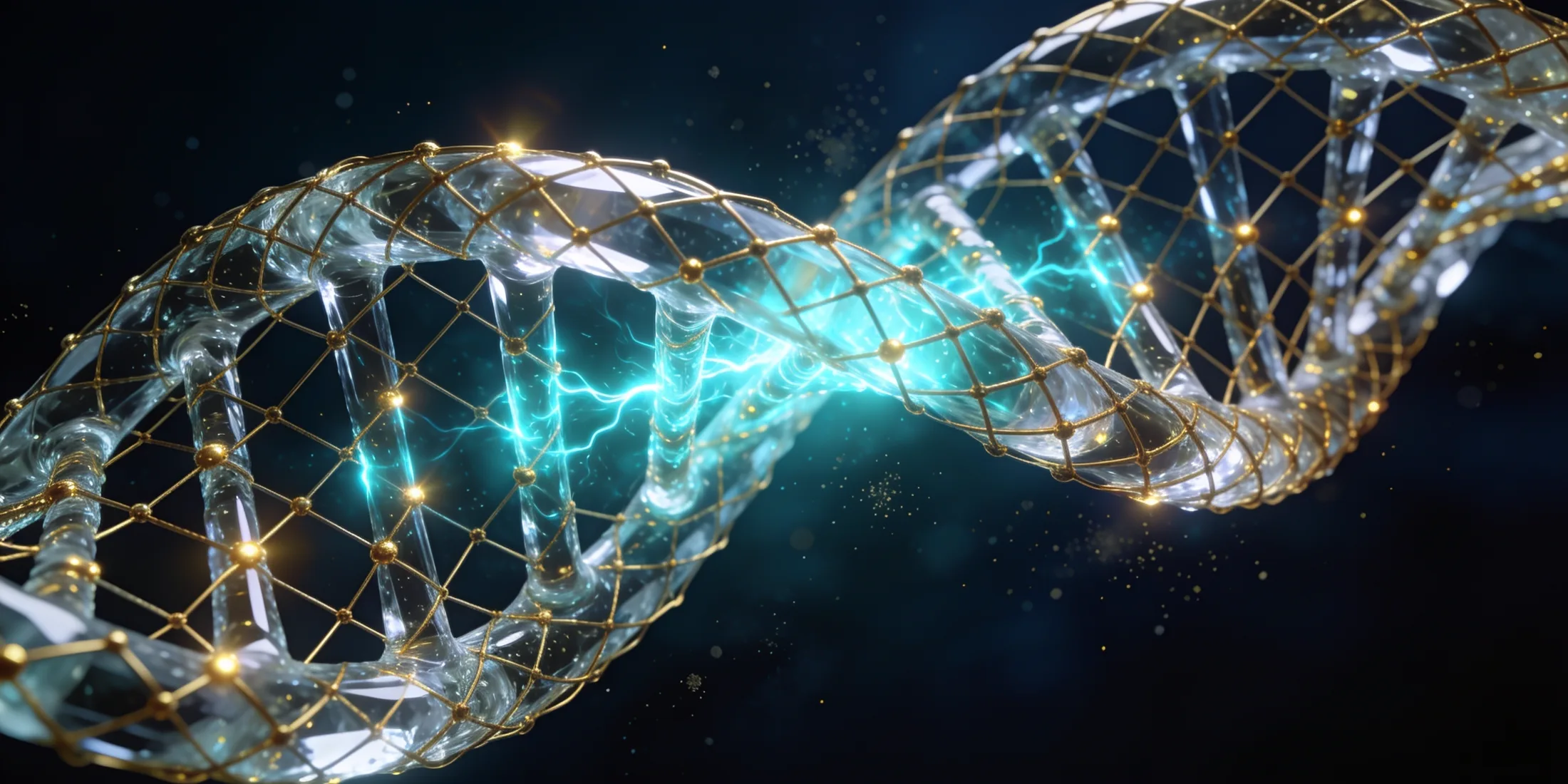 Hélice de ADN renderizada en oro y luz cian, representando la evidencia a nivel celular detrás de cada protocolo